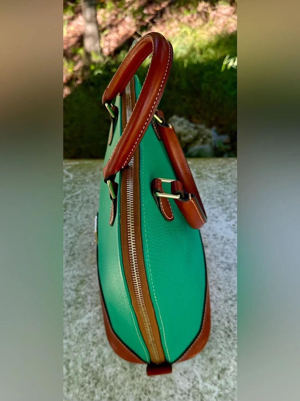 Dooney & Bourke Teal Leather Dome Satchel with Brown Trim